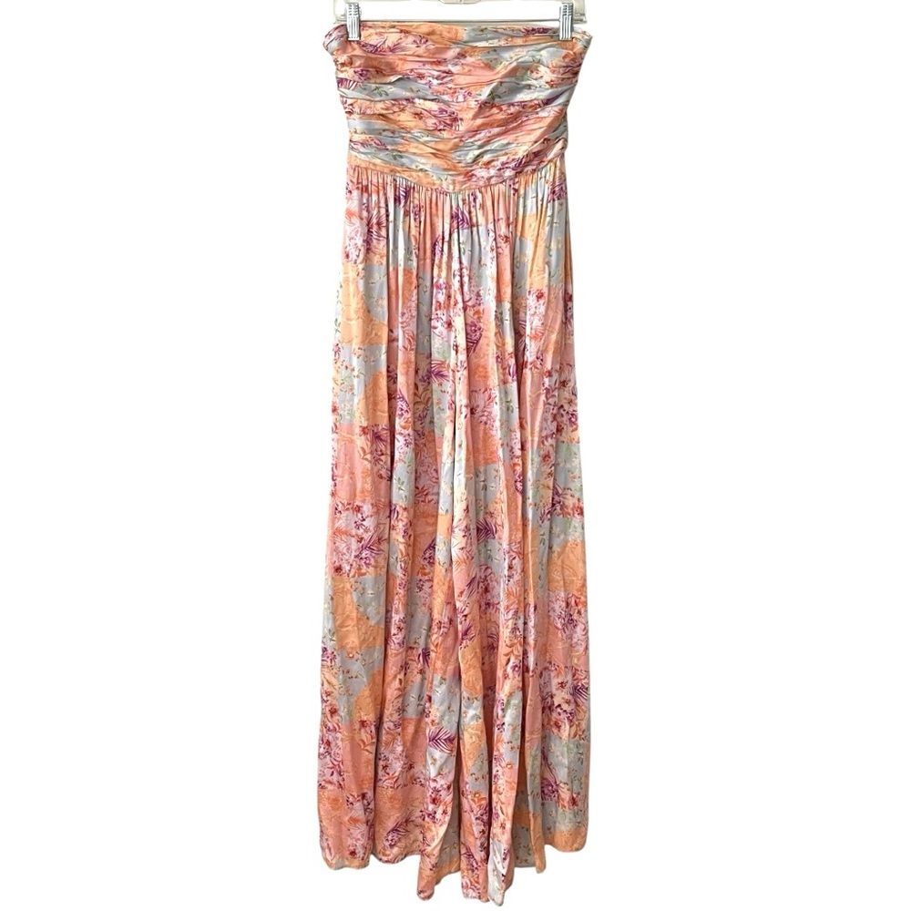 AMUR  Strapless Floral Maxi Dress Size 4 Peach Blue Smocked Bodice Wide Leg Flow - Picture 3 of 13